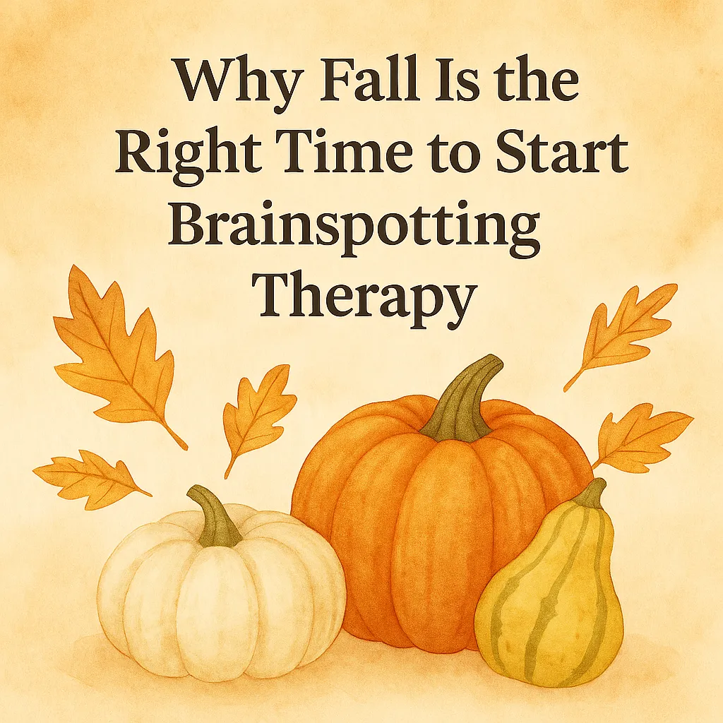A watercolor-style image of pumpkins and gourds in soft amber and beige tones with the title “Why Fall Is the Right Time to Start Brainspotting Therapy.” The art reflects calm, warmth, and seasonal renewal through brainspotting therapy in Phoenix, AZ.