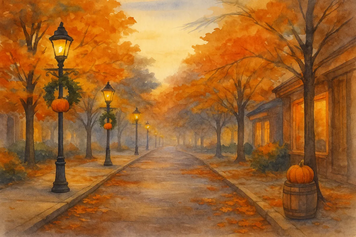 A watercolor painting of a quiet Phoenix street lined with autumn trees and gentle lights glowing at dusk. The calm scene reflects the grounding peace and reflection supported by brainspotting therapy in Phoenix, AZ.
