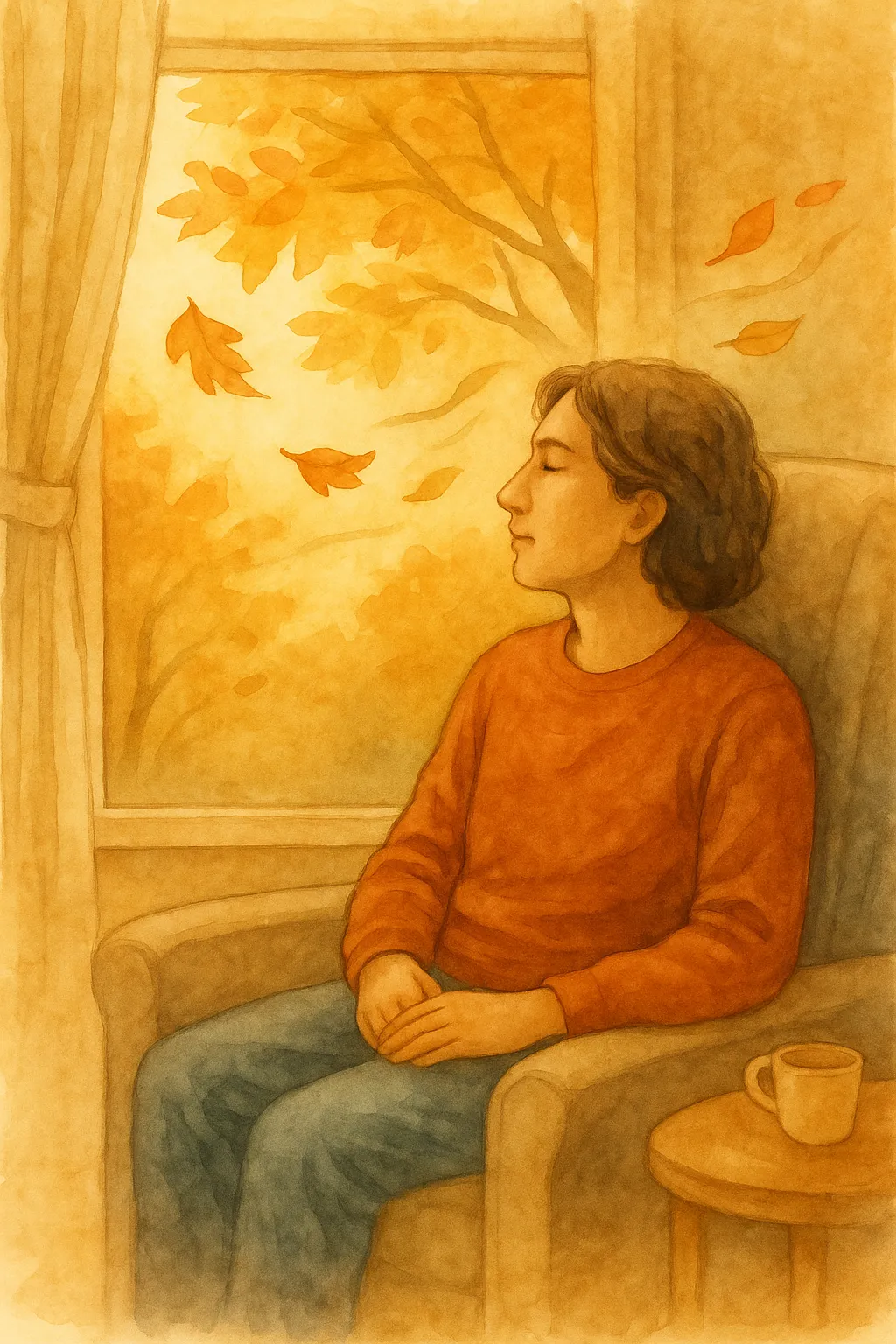 A watercolor painting of a person sitting comfortably in a chair beside a window, watching autumn leaves swirl outside. The soft, warm tones reflect finding inner peace and emotional balance through brainspotting therapy in Phoenix, AZ.