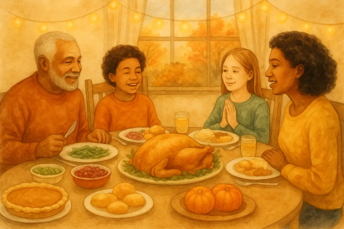 A watercolor illustration of an ethnically diverse family sharing Thanksgiving dinner around a large table filled with food. The warm, joyful scene symbolizes connection and emotional healing through brainspotting therapy in Phoenix, AZ.