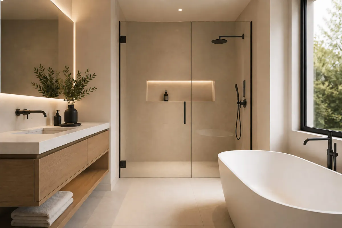 Professional bathroom remodel in Conroe with soaking tub, double vanity, and stylish fixtures