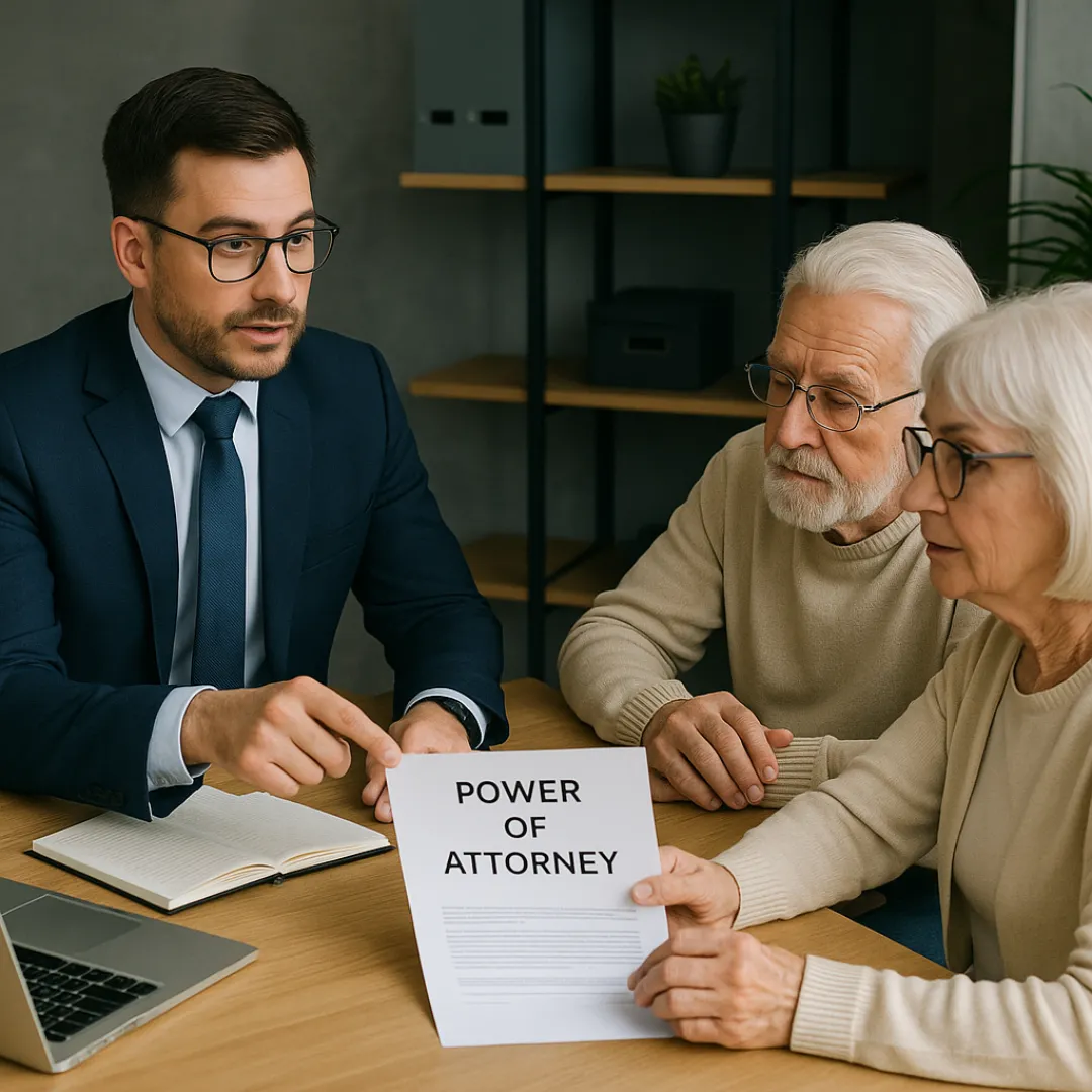 Montgomery County estate planning attorney explaining power of attorney documents to elderly couple in modern law office