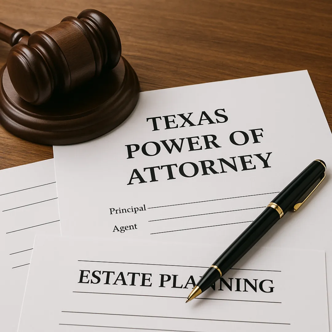 Texas power of attorney legal documents and pen on wooden desk with gavel representing estate planning services