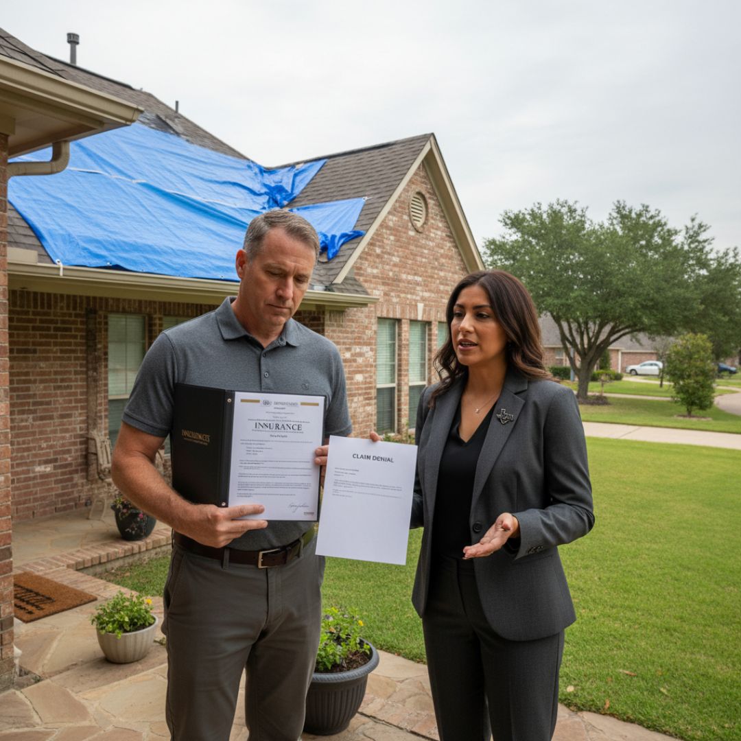 Homeowner in Montgomery County TX reviewing denied insurance claim with bad faith insurance attorney