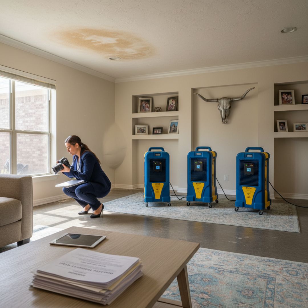 Attorney documenting home water damage evidence for bad faith insurance claim in Spring Texas