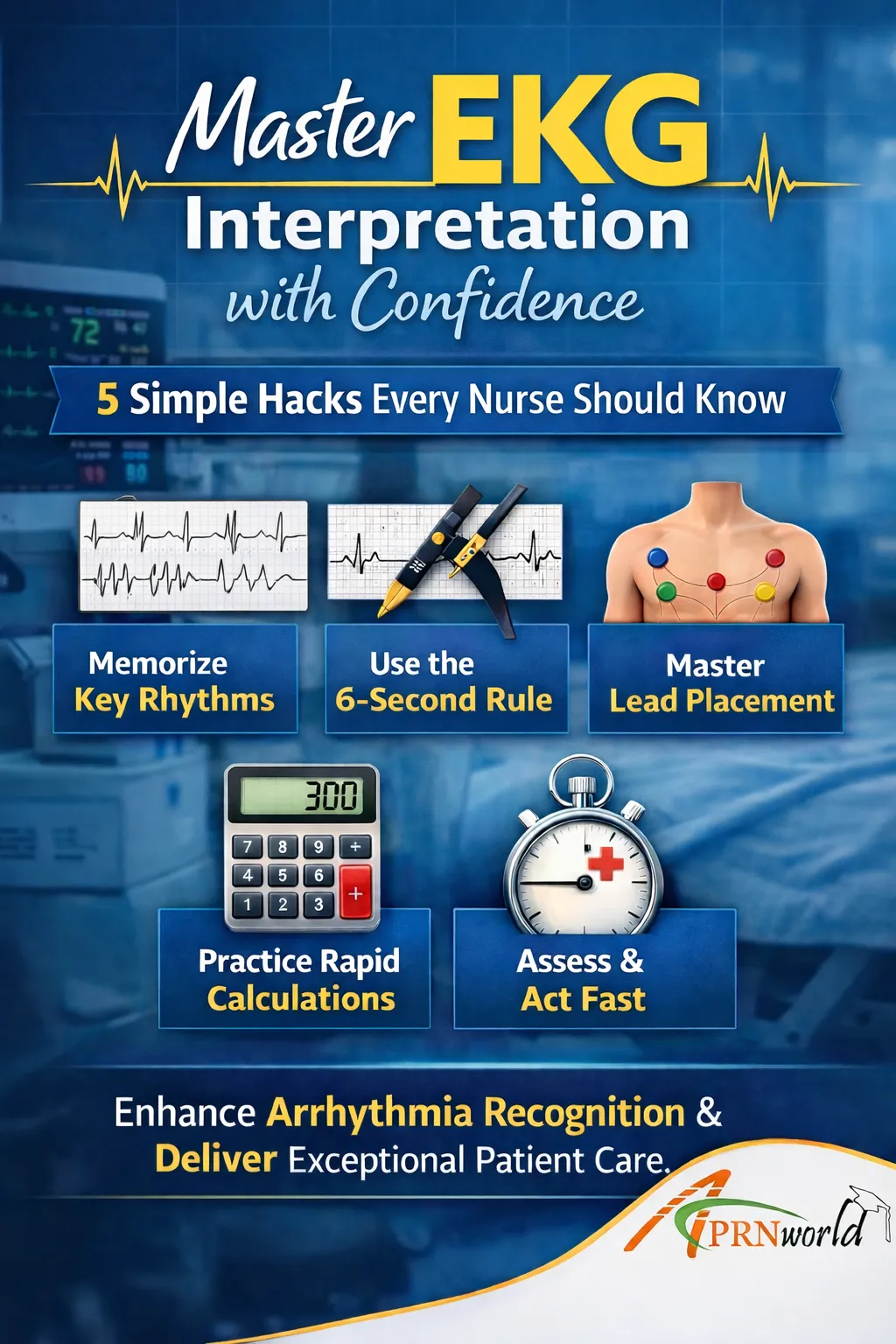 Master EKG interpretation with 5 simple hacks for nurses including key rhythms, 6-second rule, and lead placement