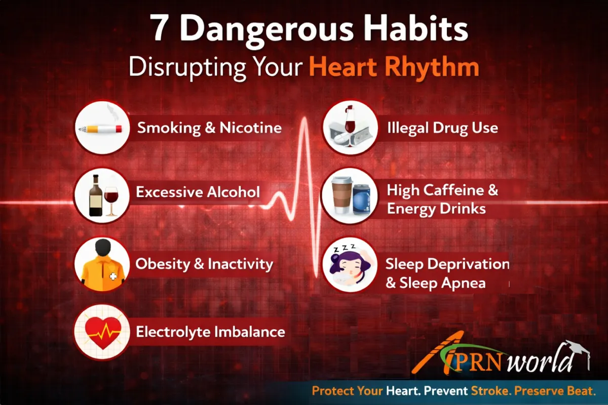 Infographic showing 7 dangerous habits disrupting heart rhythm and increasing risk of atrial fibrillation and cardiac arrhythmia