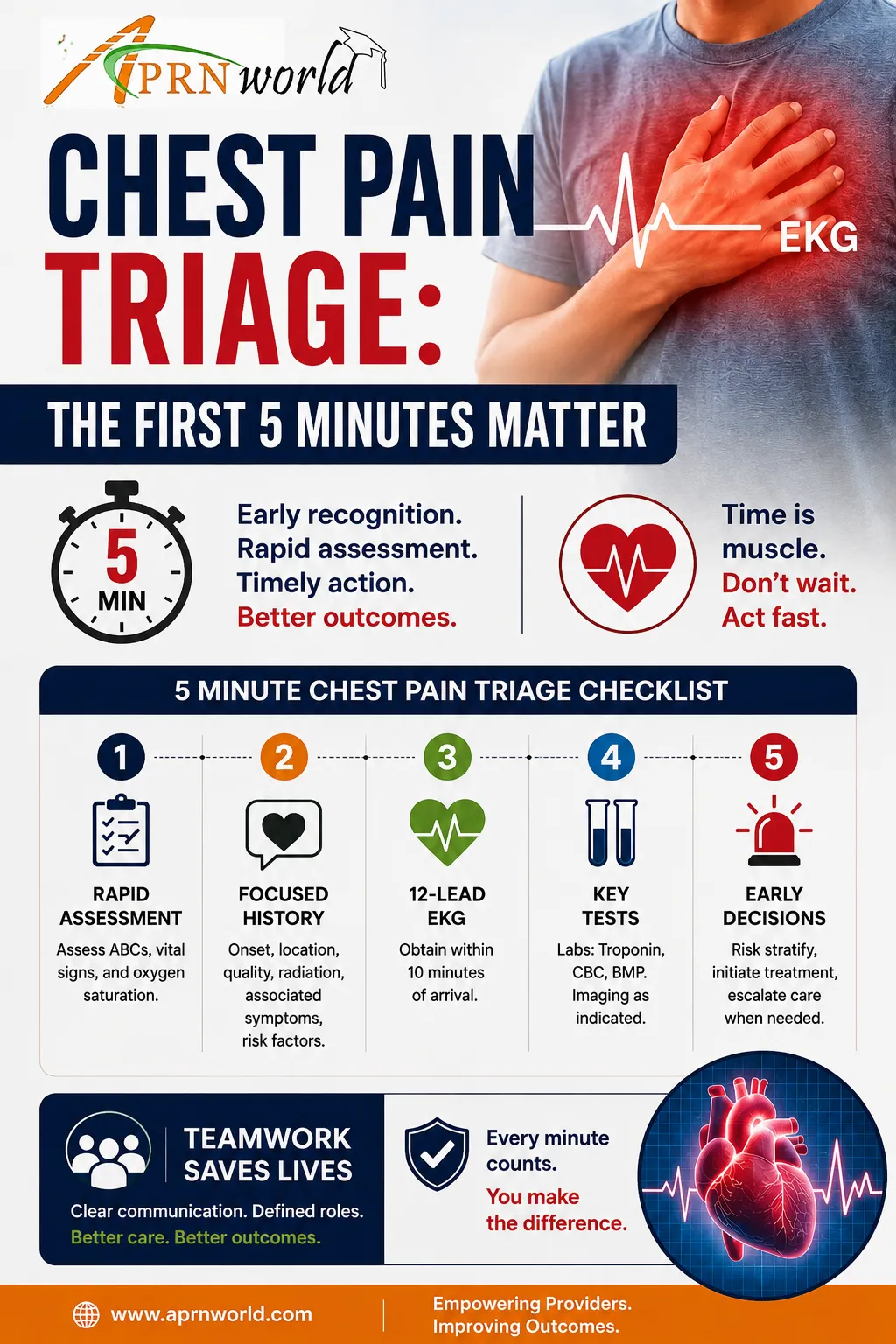 Emergency nurse performing chest pain triage and rapid EKG assessment during the first 5 minutes of cardiac emergency care