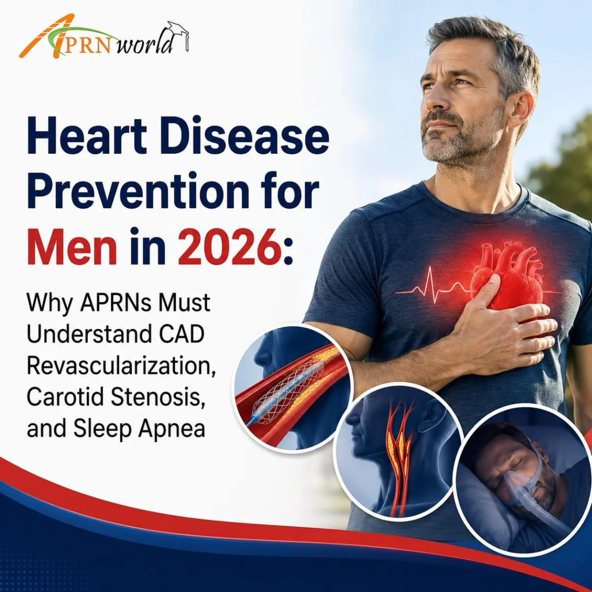 Heart disease prevention for men in 2026 highlighting the role of APRNs in managing coronary artery disease, CAD revascularization, carotid stenosis, obstructive sleep apnea, cardiovascular risk assessment, and evidence-based heart health strategies.