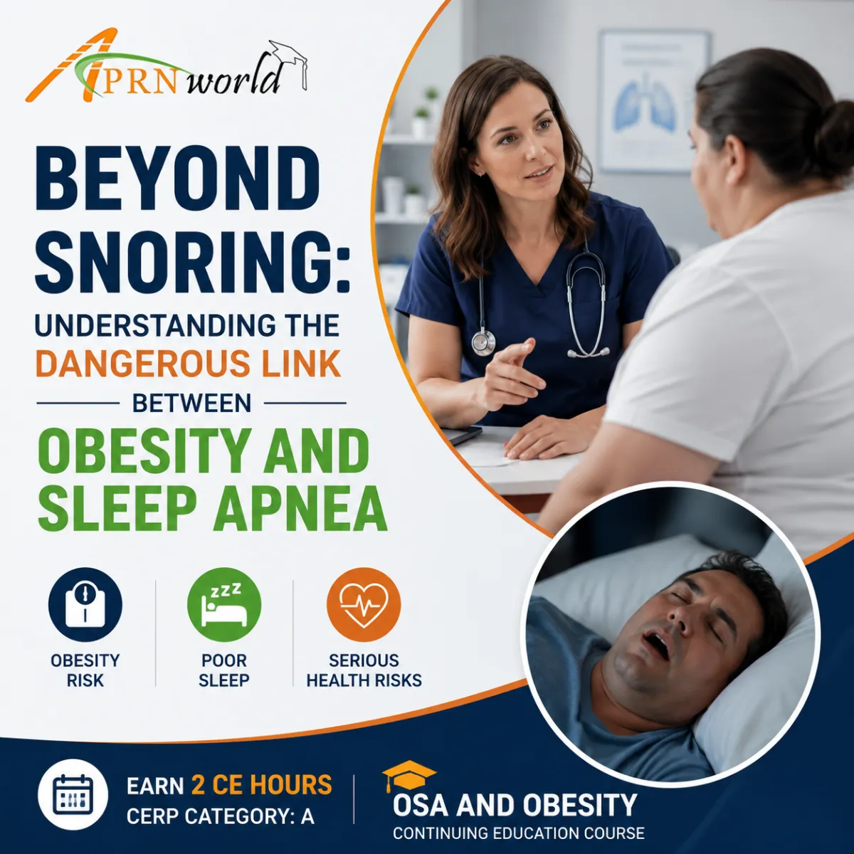 APRN World continuing education poster featuring a nurse counseling an obese patient about obstructive sleep apnea (OSA), highlighting the dangerous link between obesity and sleep apnea, associated health risks, and a 2 CE-hour CERP-A educational course for APRNs