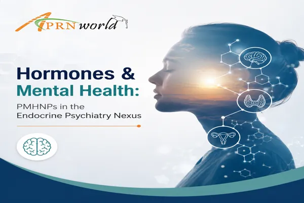 Hormones and Mental Health infographic featuring a woman with endocrine and brain health icons, highlighting the connection between hormones, psychiatry, and PMHNP clinical practice.