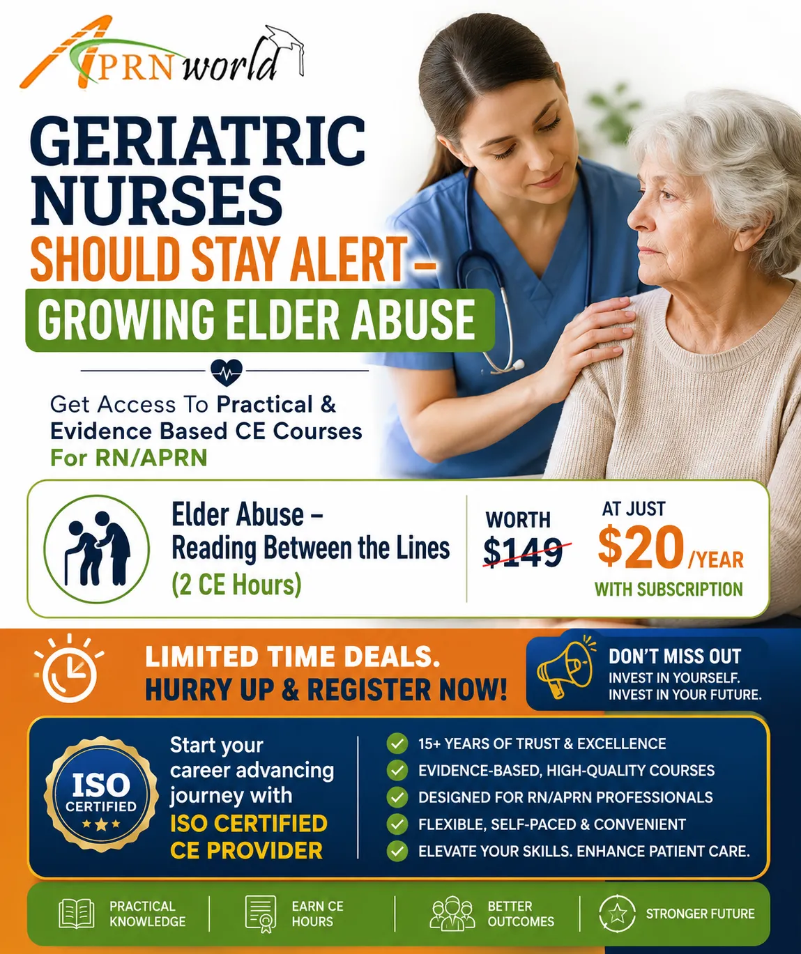 Geriatric nurse caring for an elderly patient with July 4 Sale promotion for APRN World Elder Abuse – Reading Between the Lines 2 CE Hours course. RN and APRN continuing education membership available for $20/year from an ISO-certified CE provider.