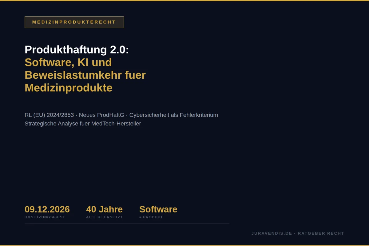 Infografik Produkthaftung 2.0: Umsetzungsfrist 09.12.2026, 40 Jahre alte Richtlinie ersetzt, Software wird eigenständiges Produkt. juravendis Ratgeber Medizinprodukterecht.