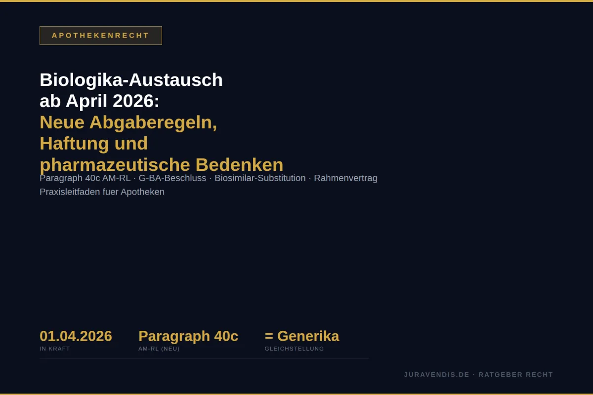 Infografik Biologika-Austausch: In Kraft 01.04.2026, § 40c AM-RL neu, Gleichstellung mit Generika-Substitution. juravendis Ratgeber Apothekenrecht.