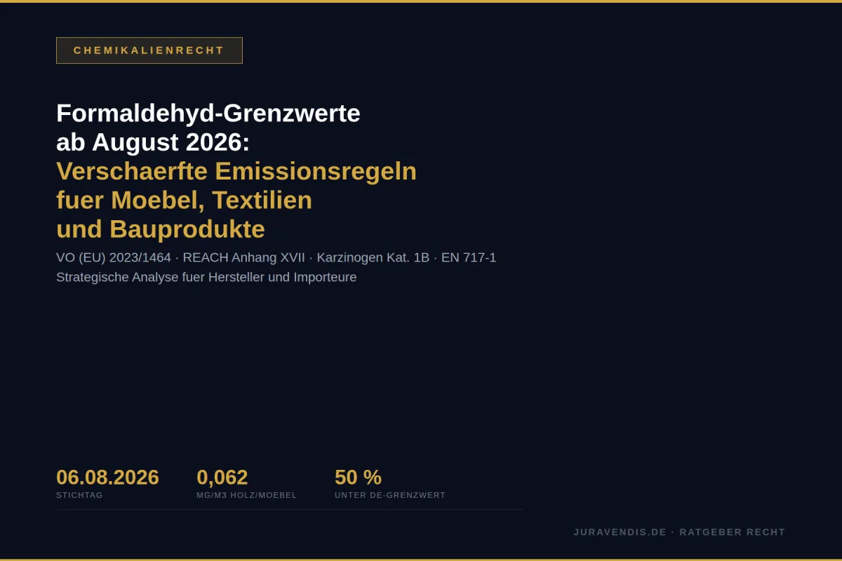 Infografik Formaldehyd-Grenzwerte: Stichtag 06.08.2026, 0,062 mg/m³ für Holz und Möbel, 50% unter bisherigem DE-Grenzwert. juravendis Ratgeber Chemikalienrecht.