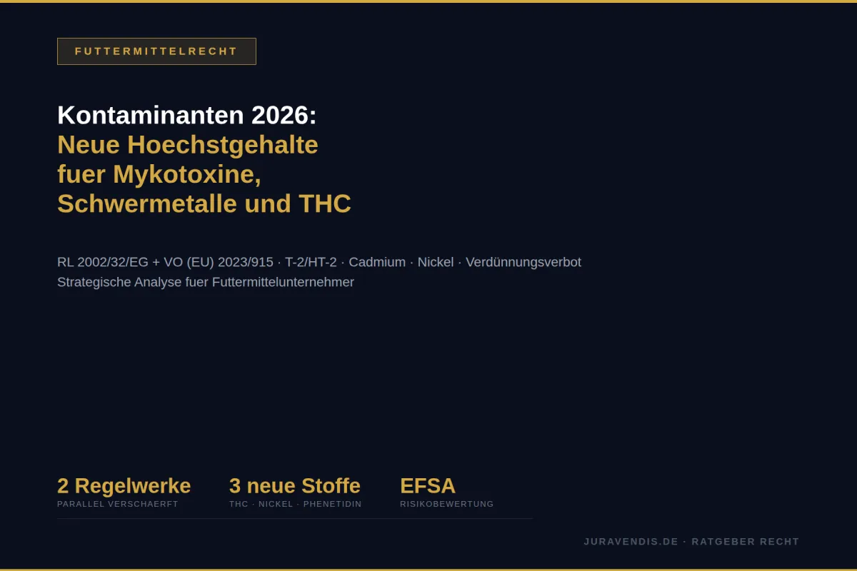 Infografik Kontaminanten 2026: Zwei Regelwerke parallel verschärft, 3 neue Stoffe (THC, Nickel, Phenetidin), EFSA-Risikobewertung. juravendis Ratgeber Futtermittelrecht.