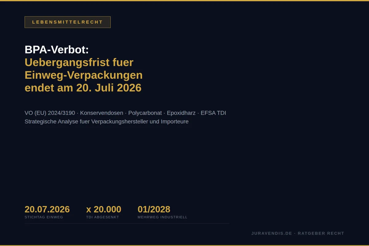 Infografik BPA-Verbot: Stichtag Einweg 20.07.2026, TDI um Faktor 20.000 abgesenkt, Mehrweg industriell bis 01/2028. juravendis Ratgeber Lebensmittelrecht.