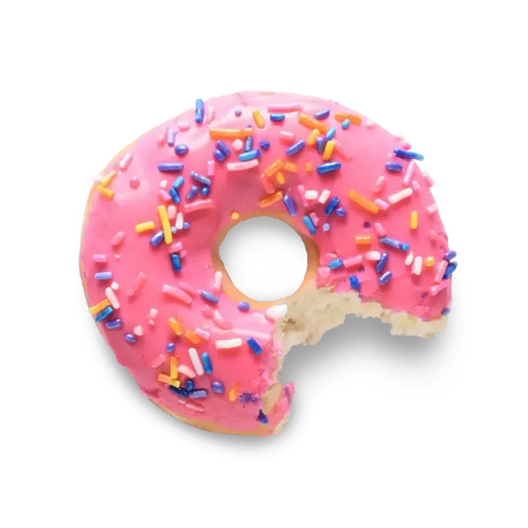 A large, appetizing frosted pink donut with colorful sprinkles floating mid-air.