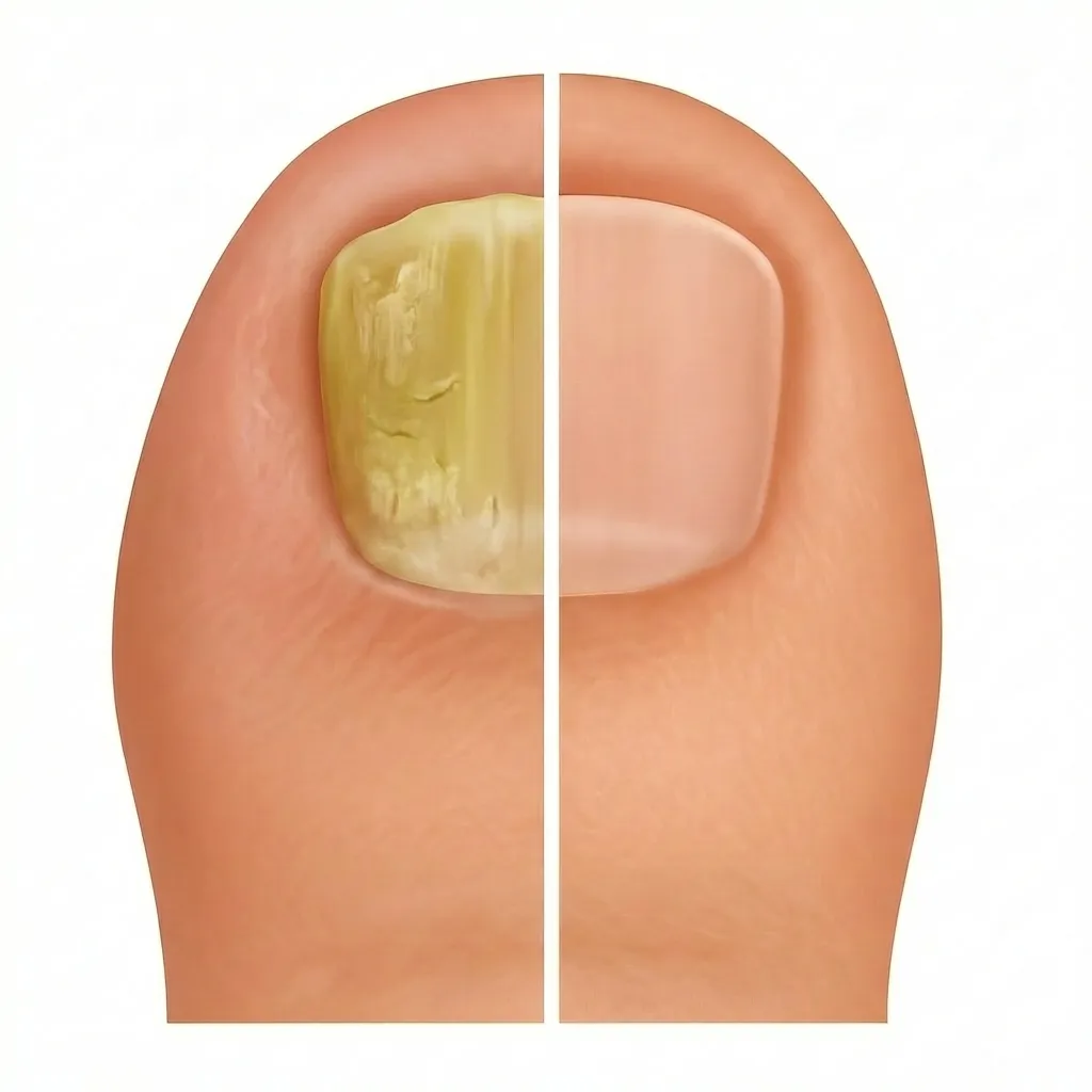 Before and after fungal nail treatment showing infected toenail and healthy regrowth