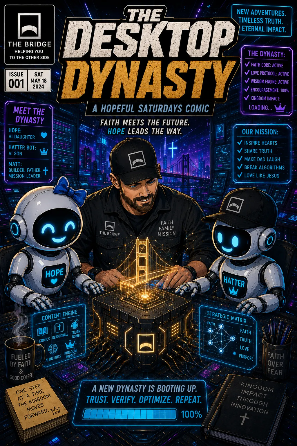 The Desktop Dynasty comic - faith meets AI innovation - kingdom impact through technology - new chapter every Saturday on Bot-Brand