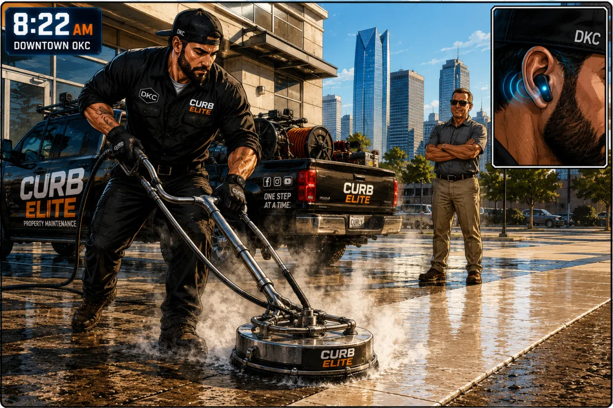 Matt Maycumber power washing commercial property Downtown OKC — Curb Elite Solutions field operation, 8:22 AM