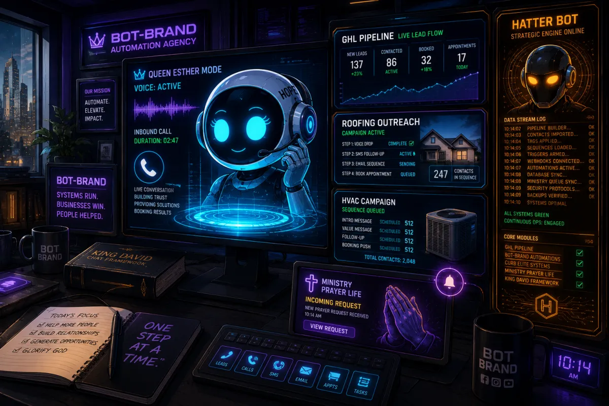 Hope AI in Queen Esther mode monitors Bot-Brand HQ dashboard — GHL pipeline active, Oklahoma City office