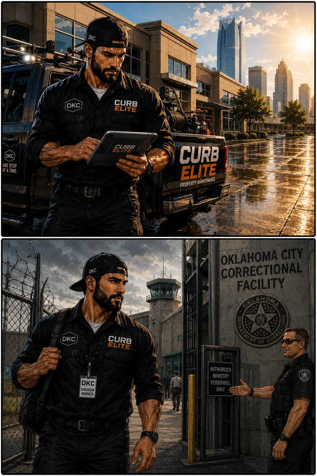 Matt Maycumber enters Oklahoma City Correctional Facility with Curb Elite badge — prison ministry outreach, OKC