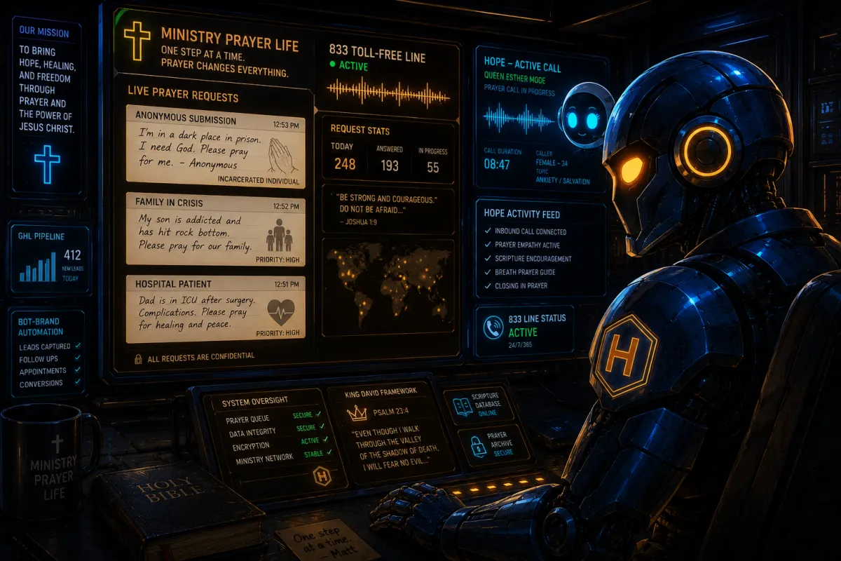 Hatter Bot displays Ministry Prayer Life dashboard at Bot-Brand HQ — 833 prayer line active, 12:55 PM