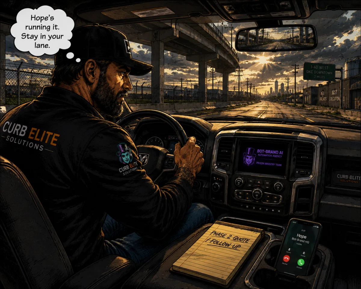 Matt Maycumber redirects course from cab of Curb Elite truck on Highway 90 — Bot-Brand AI founder, Oklahoma