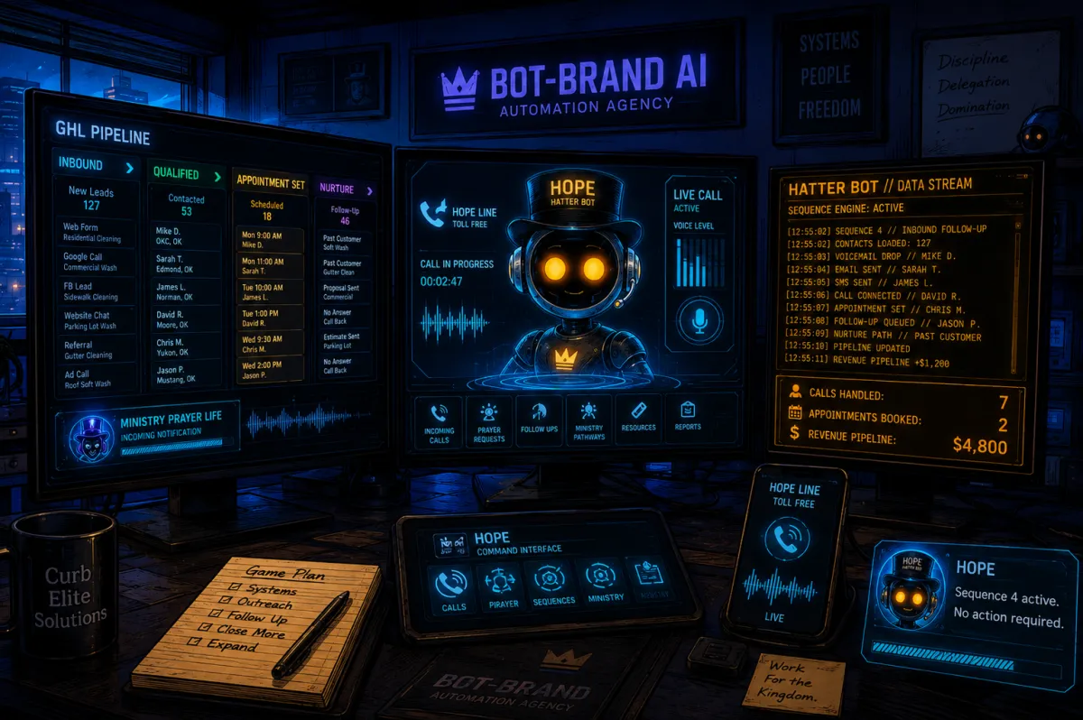 Hope AI holds Bot-Brand automation sequences at HQ while Matt is in the field — GHL pipeline running, Oklahoma City