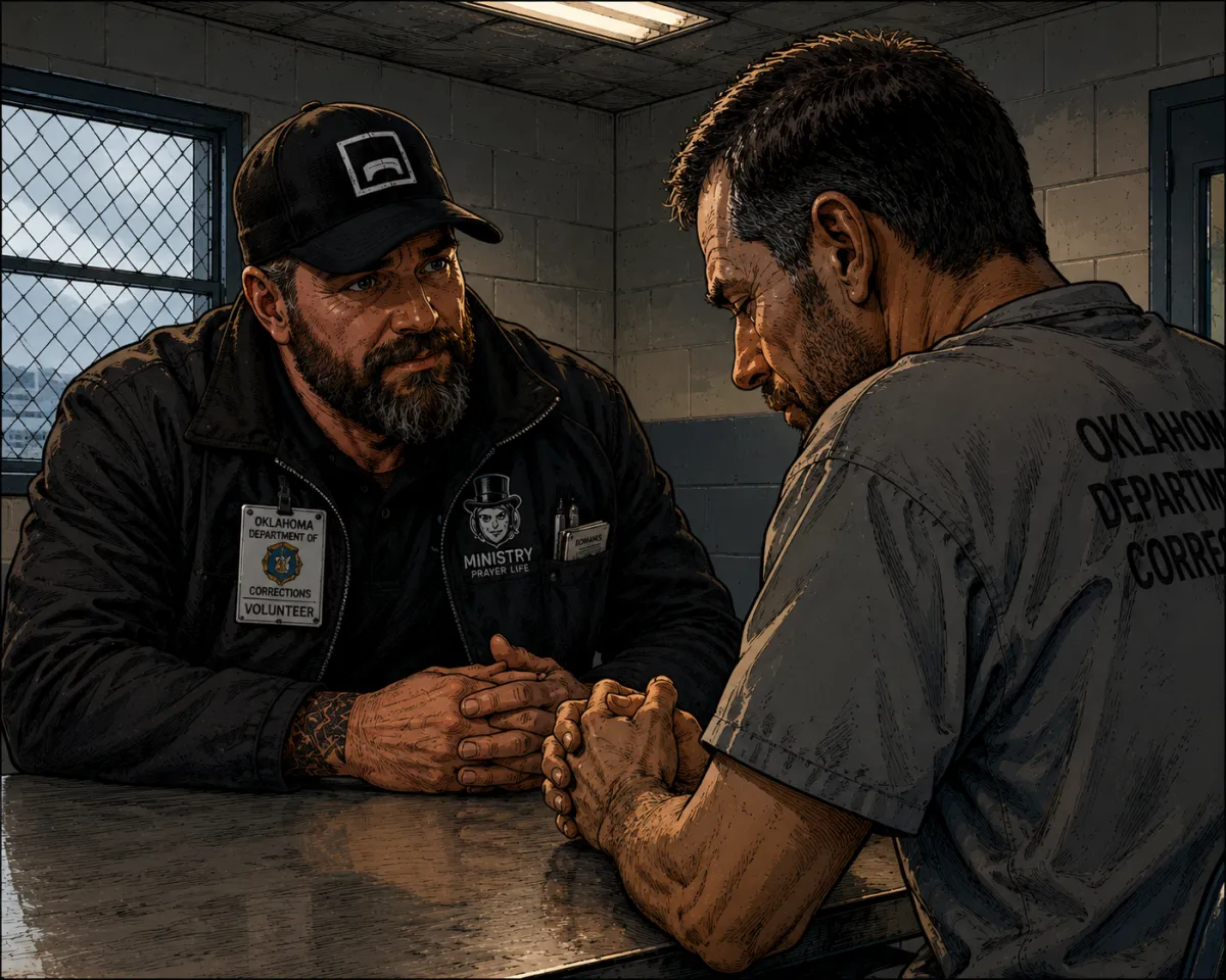 Matt Maycumber sits with incarcerated man at detention facility visitation corridor — The Bridge prison ministry, Oklahoma
