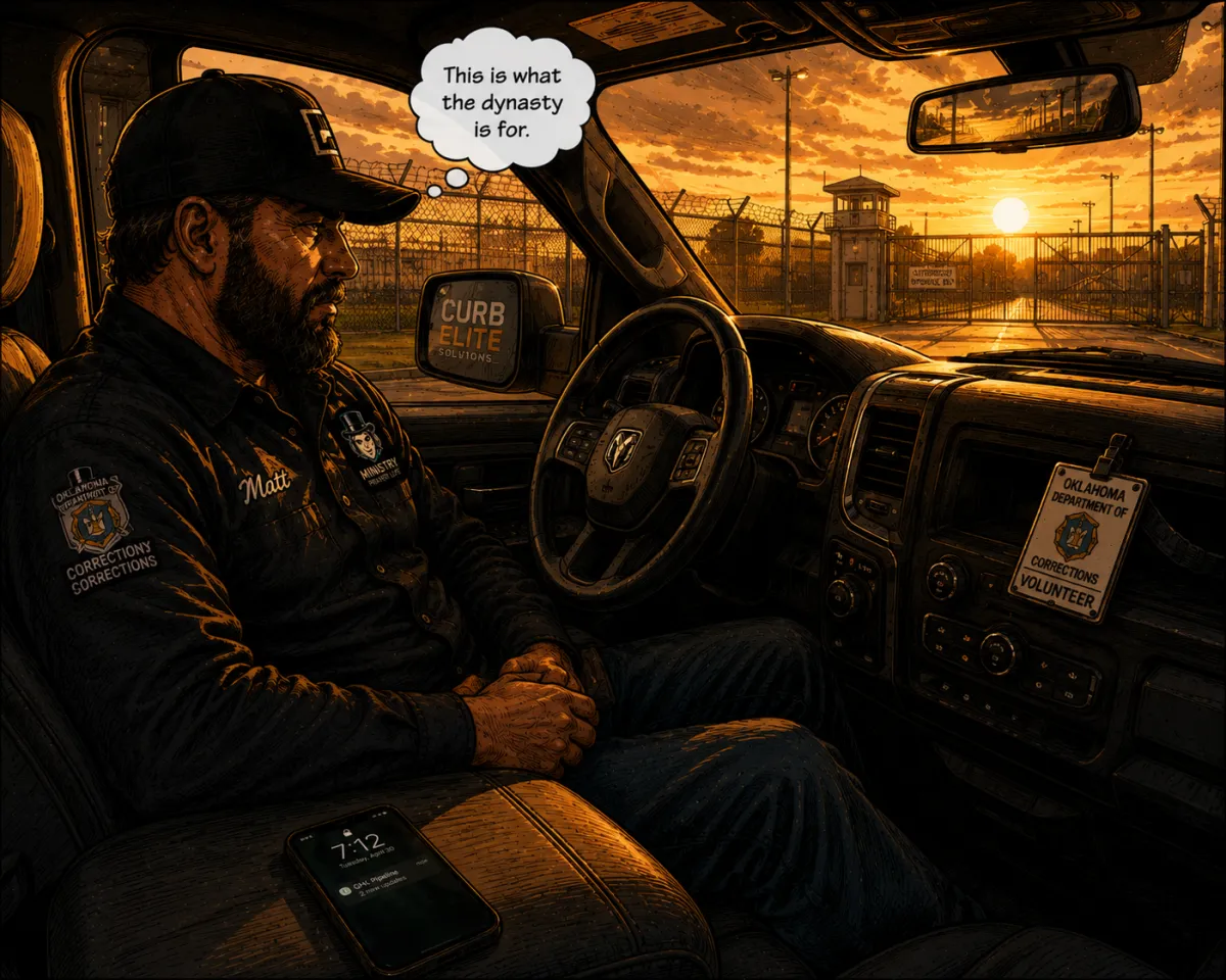 Matt Maycumber sits in Curb Elite truck outside detention facility at golden hour — day complete, Oklahoma City