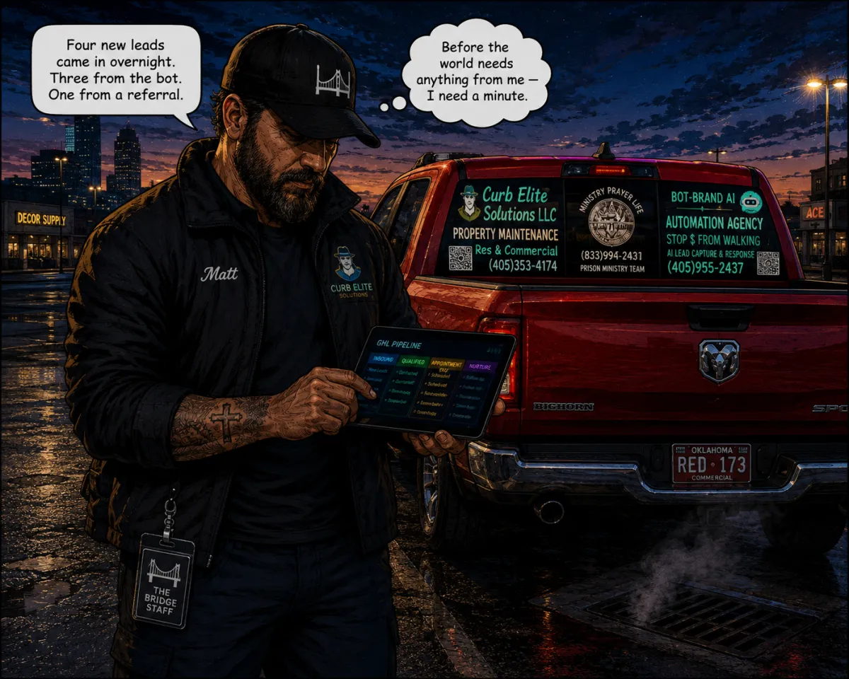 Matt Maycumber checks GHL pipeline at dawn beside his Red Ram 1500 — Bot-Brand AI founder, Oklahoma City