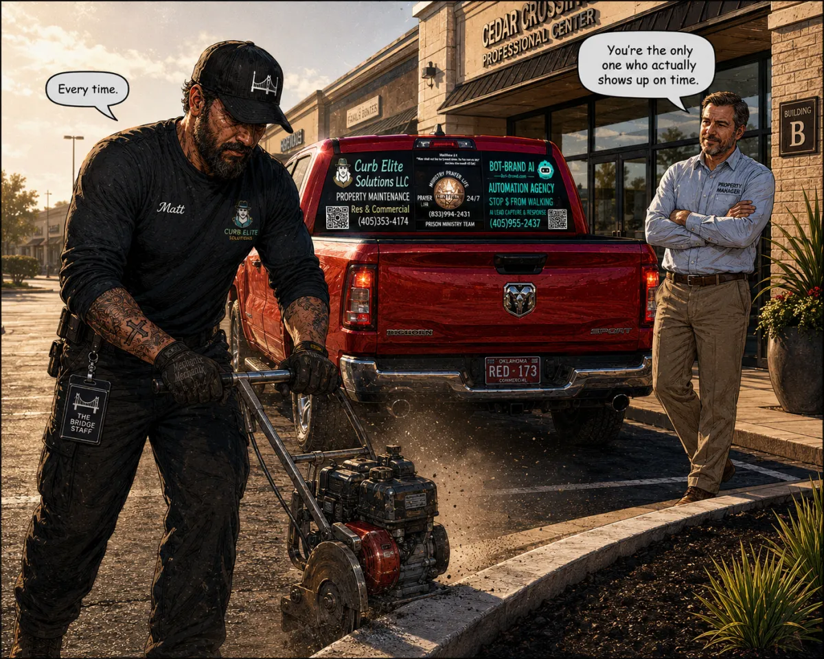 Matt Maycumber edges commercial curb line at sunrise — Curb Elite Solutions property maintenance, Edmond OK