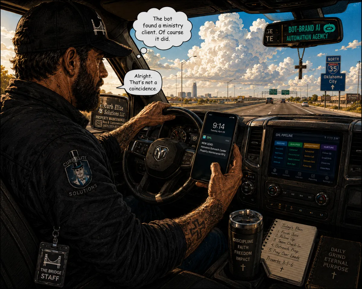Matt Maycumber driving I-35 as Bot-Brand AI surfaces homeless outreach lead — Neural Lead Engine, Oklahoma City