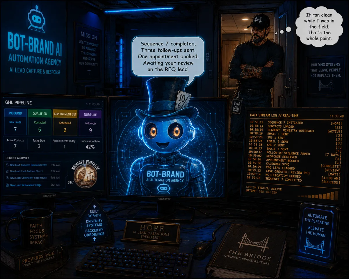 Hope AI avatar monitors Bot-Brand automation sequences at HQ — GHL pipeline dashboard, Oklahoma City