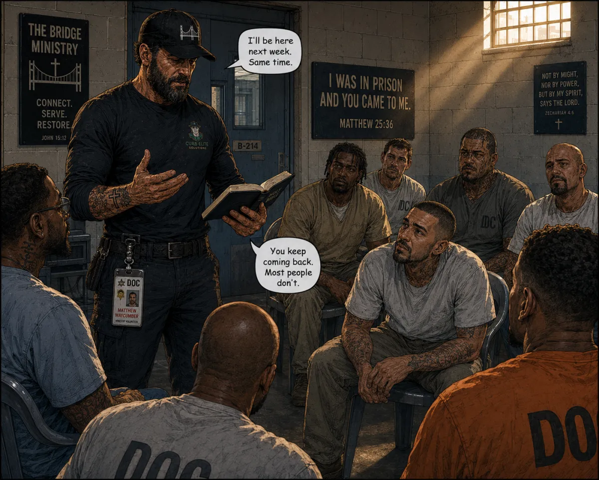 Matt Maycumber leads Bridge Ministry session inside Oklahoma correctional facility — DOC volunteer, prison outreach