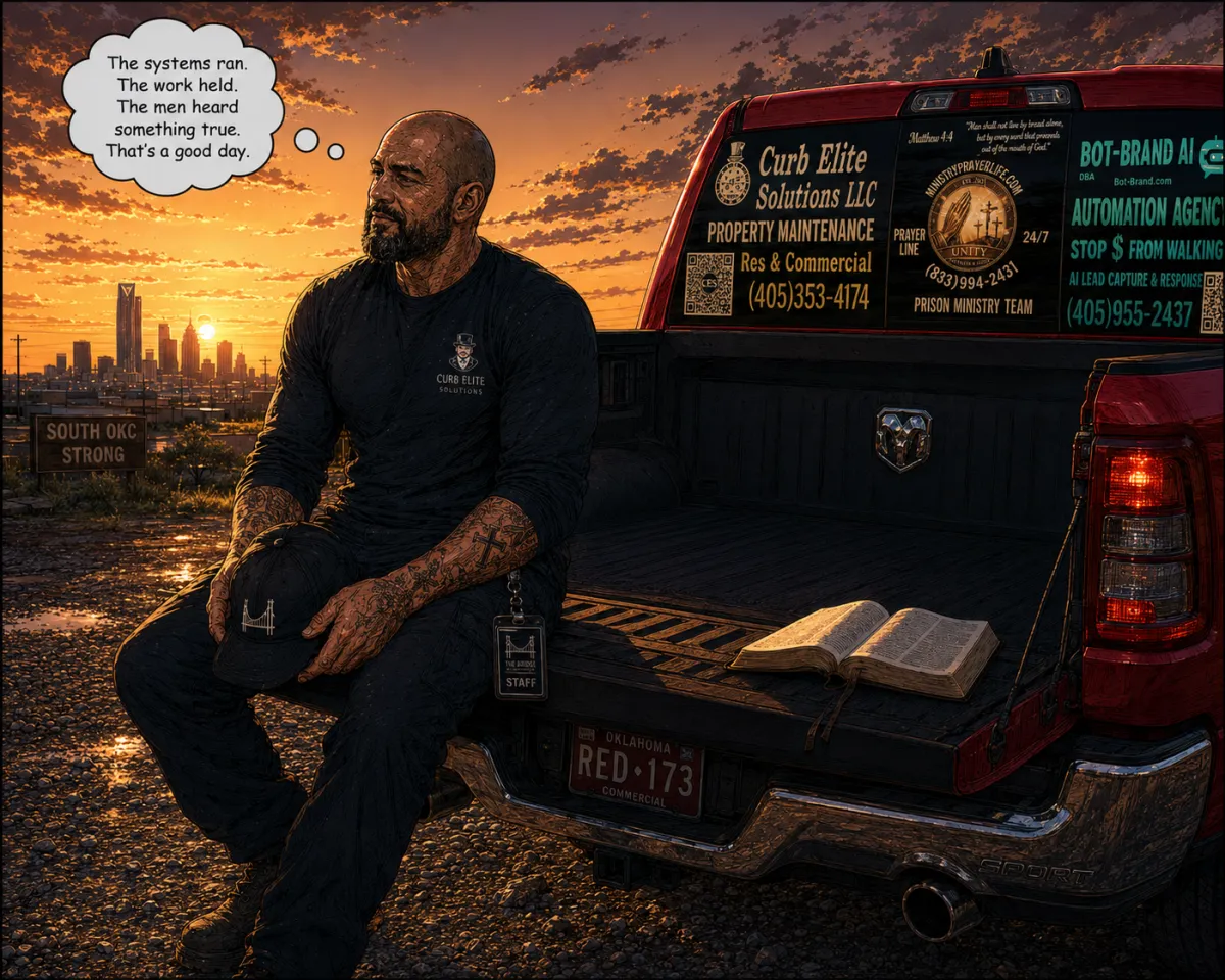 Matt Maycumber rests on Red Ram tailgate at golden hour — Curb Elite and Bot-Brand founder, South Oklahoma City