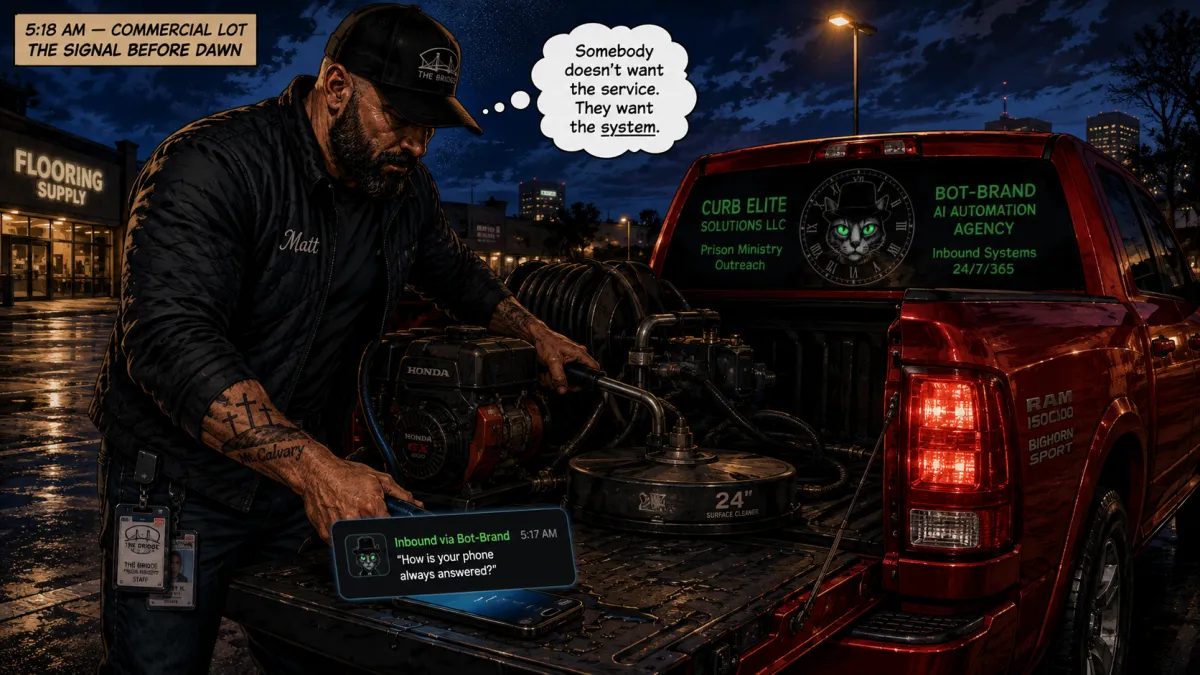 Bot-Brand AI operator loads a flame-red Curb Elite truck before dawn in an Oklahoma City parking lot while his phone shows an overnight AI lead capture