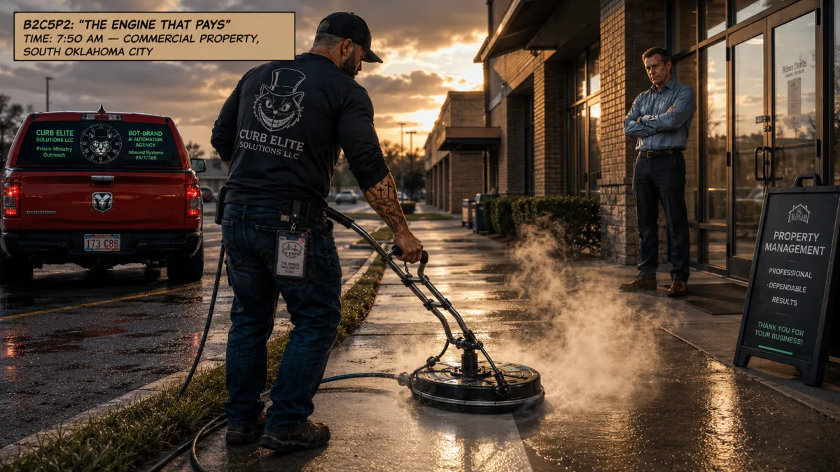 Curb Elite Solutions worker surface-cleaning a commercial sidewalk in South Oklahoma City as steam rises and a property manager watches