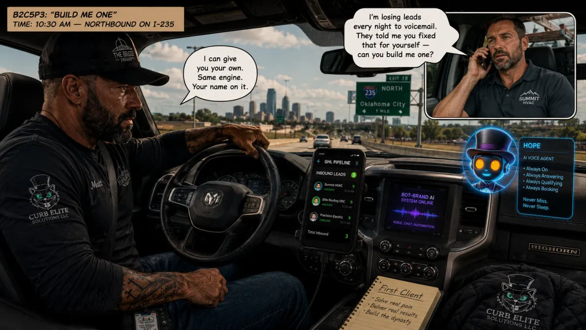 Curb Elite truck driver takes a phone call from an HVAC business owner asking Bot-Brand to build him his own AI employee to answer after-hours leads.