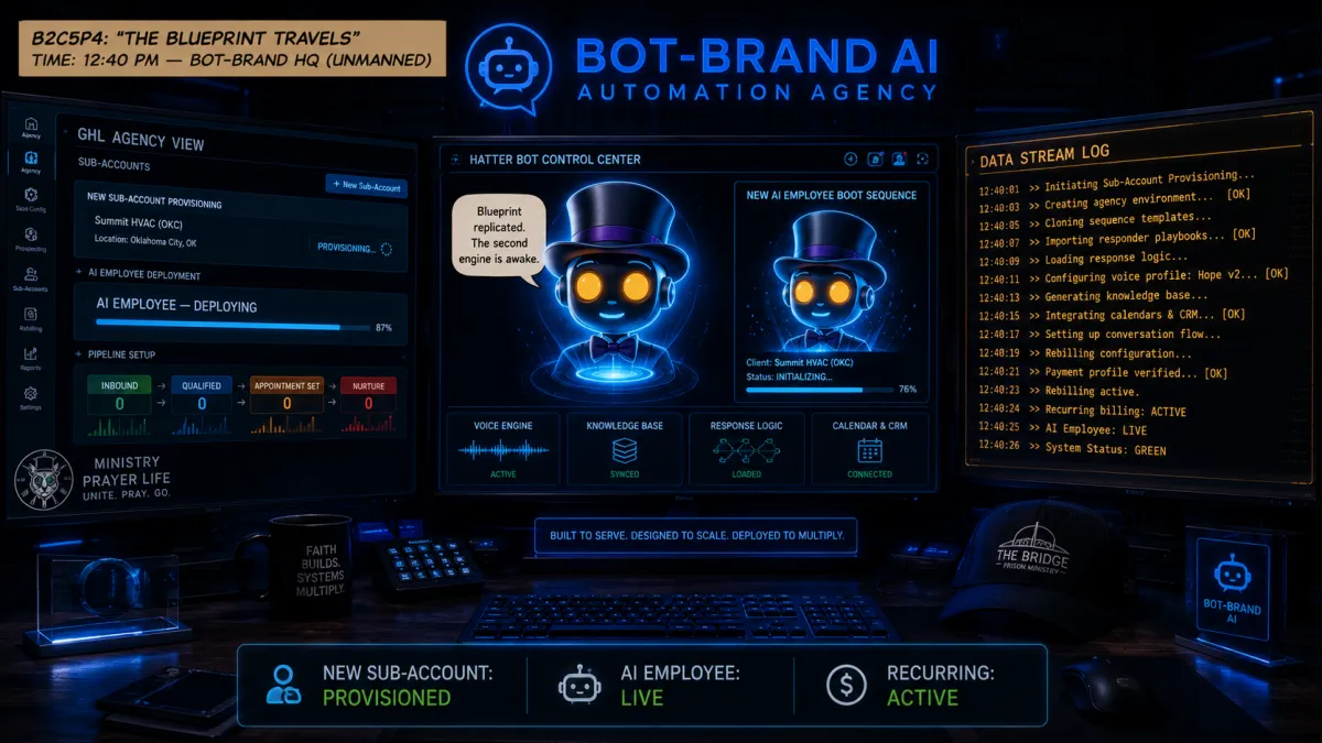 Bot-Brand HQ monitors glow blue as the Hatter Bot AI avatar clones its blueprint into a second AI employee, provisioning a new client sub-account with no one in the room.