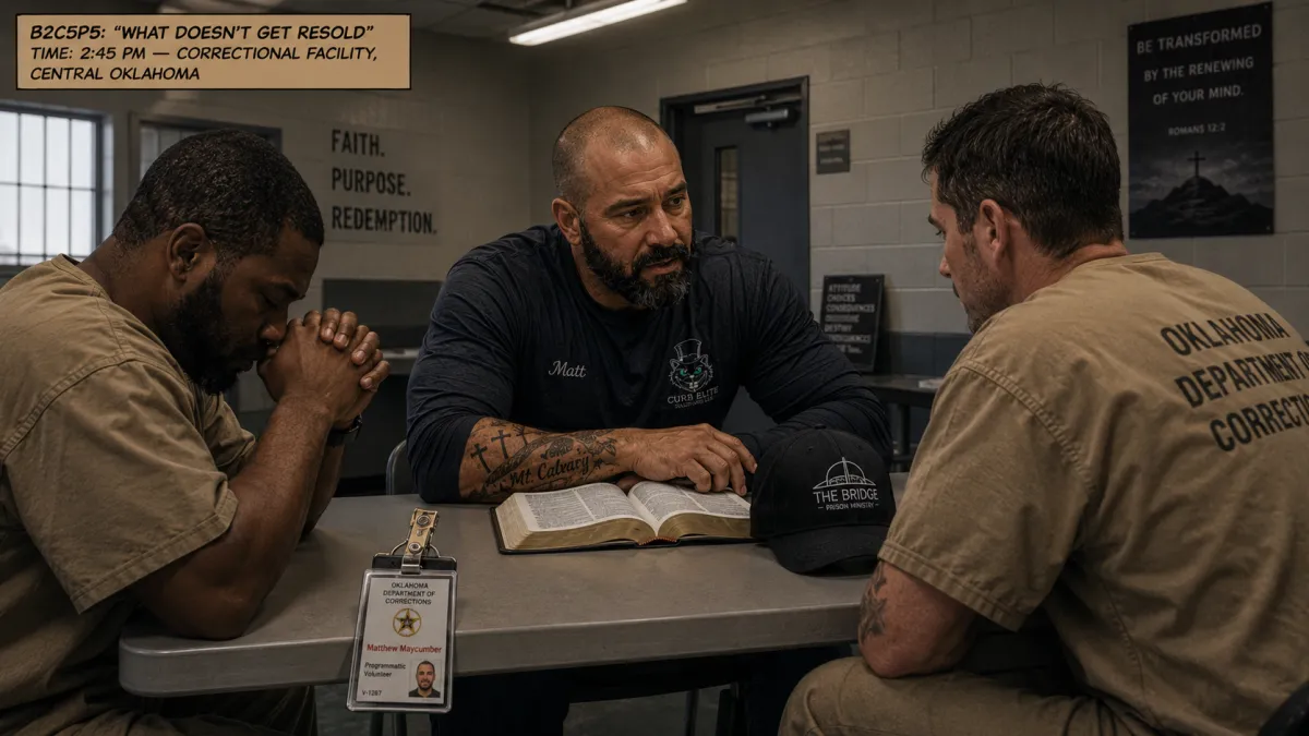  Volunteer in a Bridge prison ministry shirt sits with an open Bible across a table from two incarcerated men in a central Oklahoma corrections facility.