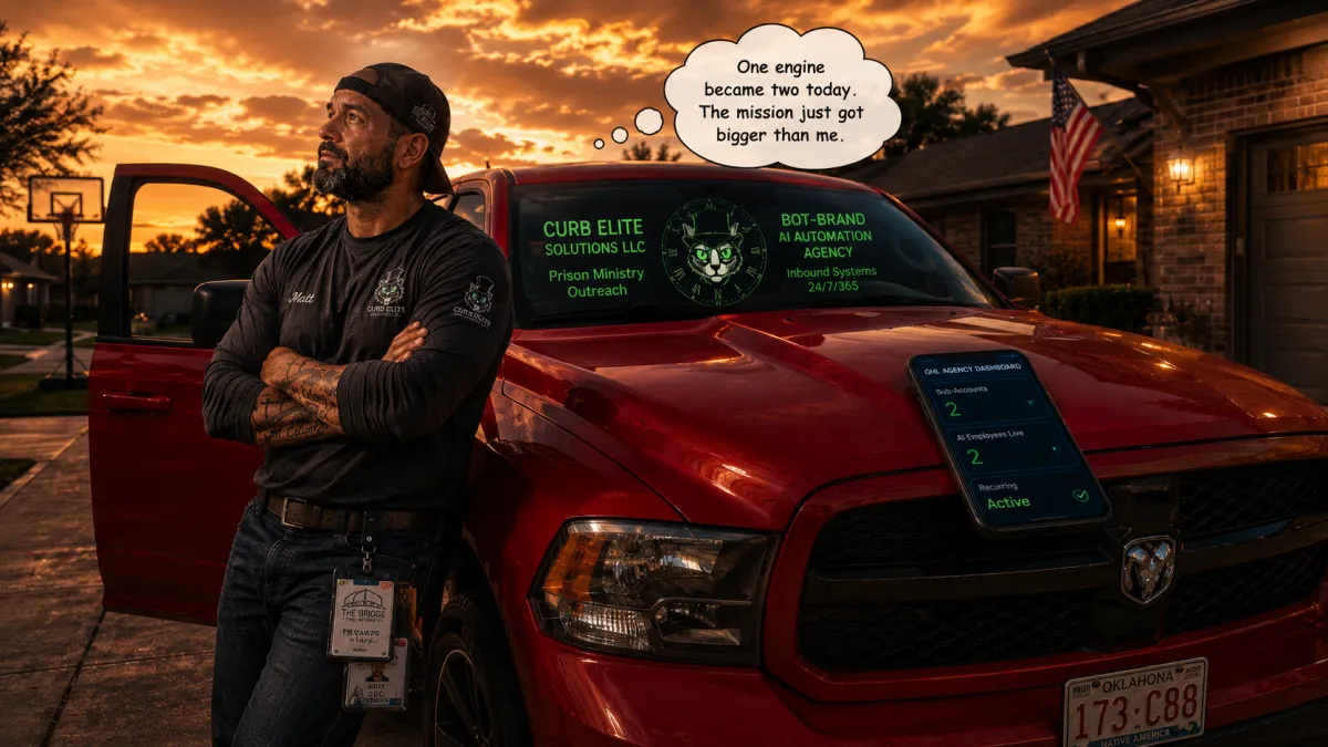 Operator leans against a flame-red Curb Elite truck at golden hour in an OKC driveway as his phone dashboard shows two live AI employees across two sub-accounts.