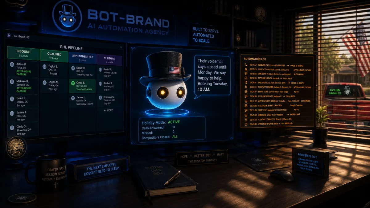 Bot-Brand AI automation office running unmanned during a heat wave, three monitors showing an answered-call pipeline while six competitors go to voicemail at noon.