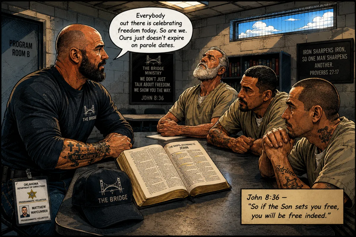 Bald bearded owner drives his flame-red Ram in 103-degree heat with the AC on, dashboard phone showing an AI sales pipeline covering the field while he heads to prison ministry.