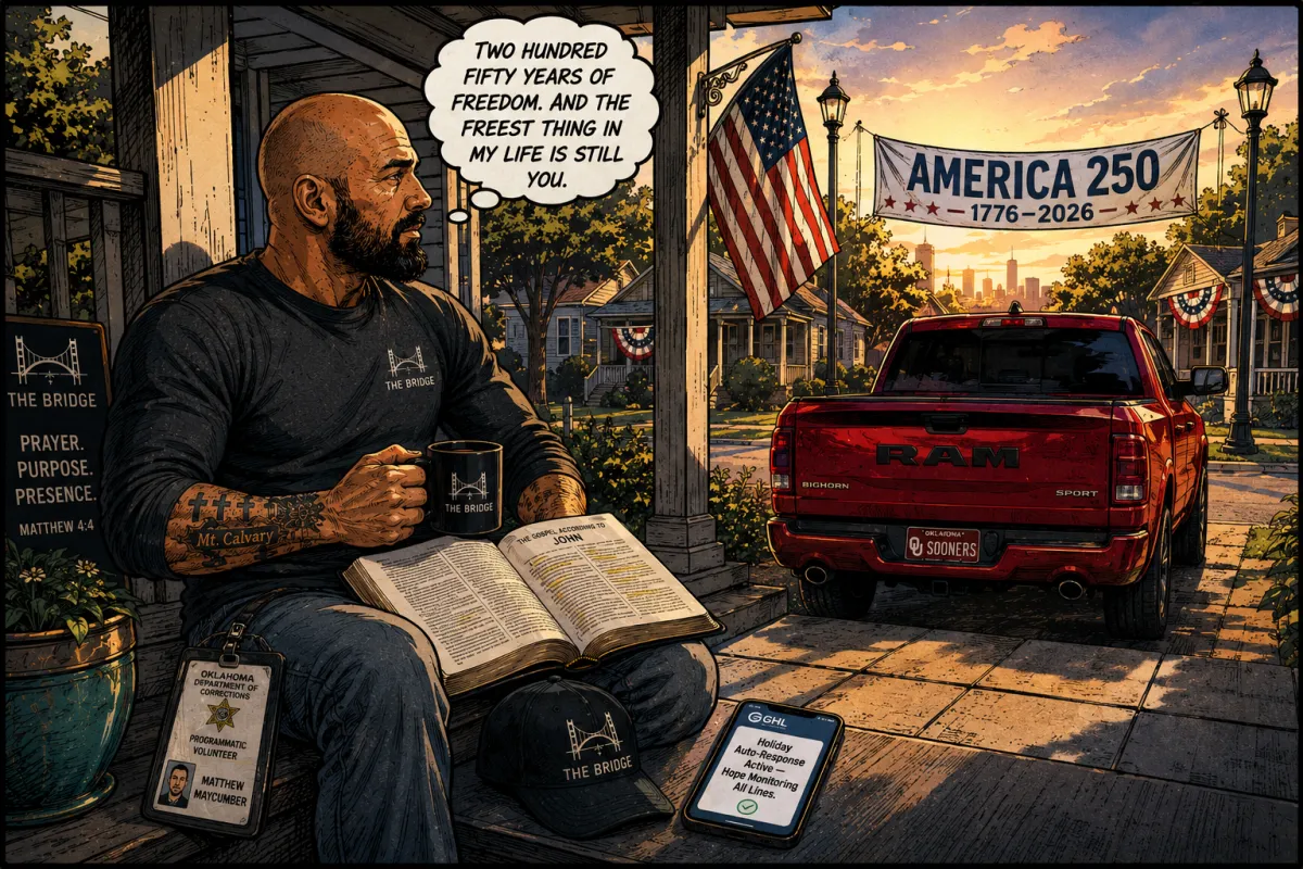 Bald bearded Oklahoma City business owner reads his Bible on a front porch at dawn during a July heat advisory, flame-red Ram truck in the driveway and phone showing an AI answering service monitoring all lines.