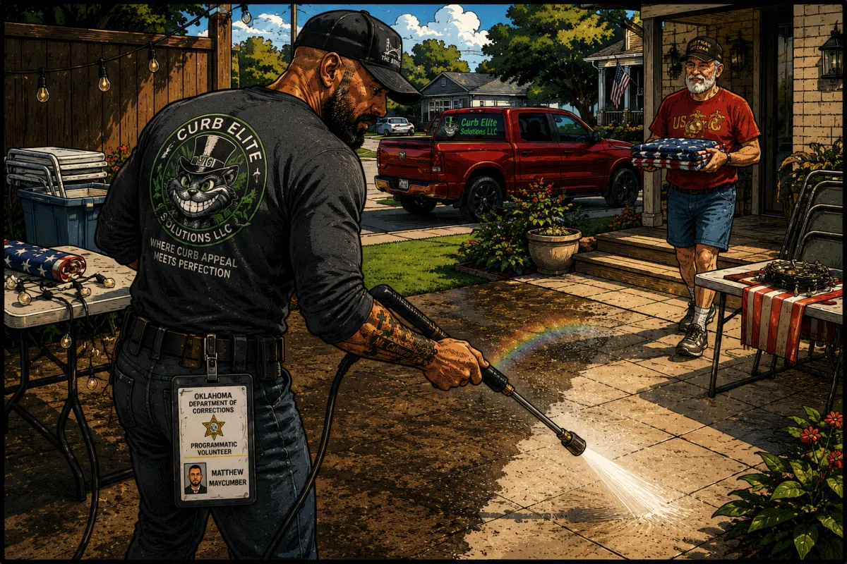 Curb Elite Solutions worker power washing a stained commercial concrete walkway clean in extreme Oklahoma City heat while a rival contractor's van quits early in the background.