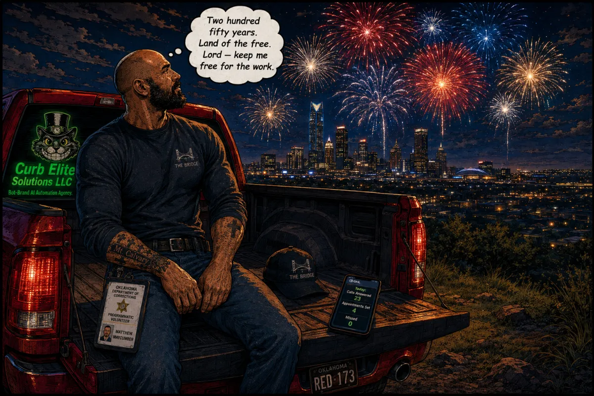 Bald bearded owner rests on his truck tailgate at golden hour after the hottest day of summer, phone showing 31 calls answered and zero missed across his businesses and ministry.