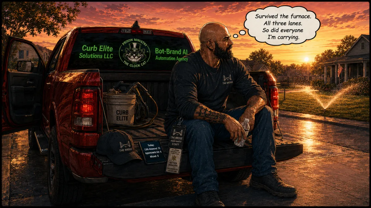 Owner rests on his tailgate at golden hour; phone shows 31 calls answered, 6 booked, zero missed. (9